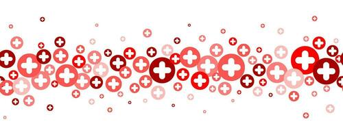 Medical cross and plus wavy background. Abstract seamless red border for hospital healthcare and pharmacy. Geometrical shapes ornament. Vector wallpaper