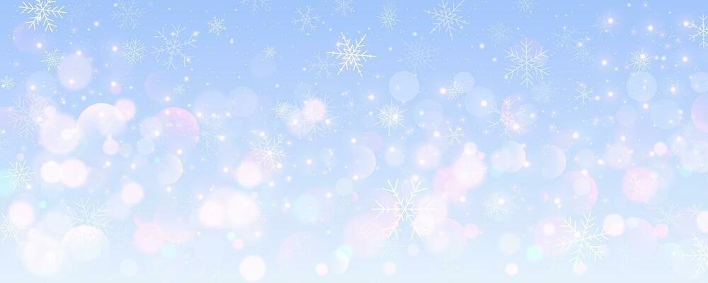 Christmas snowy background. Cold blue winter sky. Vector ice blizzard on gradient texture with bokeh and flakes. Festive new year theme for season sale wallpaper.