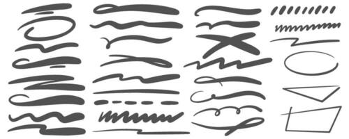 Pen strike line. Strikethrough marker scribble. Pencil and brush stroke. Doodle sketch mark stripes isolated on white background. Handwrited rough stains. Vector set