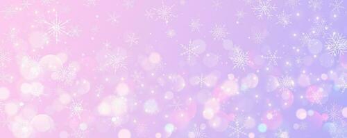 Christmas snowy background. Cold pink winter sky. Vector ice blizzard on gradient texture with bokeh and flakes. Festive new year theme for season sale wallpaper.