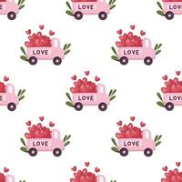 Seamless pattern with car and hearts for Valentines Day and wedding vector