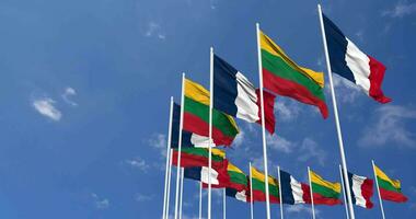 Lithuania and France Flags Waving Together in the Sky, Seamless Loop in Wind, Space on Left Side for Design or Information, 3D Rendering video