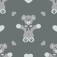 Seamless pattern. Cute bear and little hearts. Color grey. vector