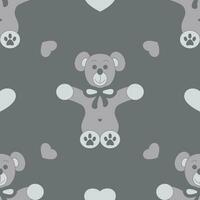 Seamless pattern. Cute bear and little hearts. Color grey. vector