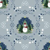 Seamless pattern christmas theme. Snowman, fir forest, falling snow and stars. vector