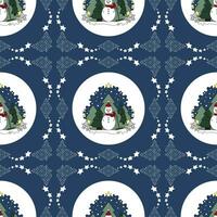 Seamless pattern christmas theme. Snowman and fir forest, falling snow. vector
