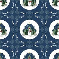 Seamless pattern christmas theme. Snowman and fir forest, falling snow. vector