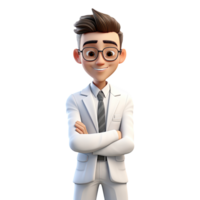 ai généré 3d dessin animé homme dans blanc costume. homme d'affaire personnage sur transparent Contexte png