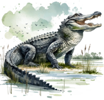 AI generated American alligator Watercolor illustration Clipart PNG. You will be able to create your own poster, t-shirts, cards, stickers, mugs, pillows, scrapbooks, artwork, and more Commercial use, png