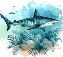 AI generated Tiger shark Watercolor illustration Clipart PNG. You will be able to create your own poster, t-shirts, cards, stickers, mugs, pillows, scrapbooks, artwork, and more Commercial use, png