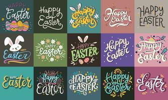Collection of Happy Easter inscription. Handwriting Happy Easter phrases of text banner square composition. Hand drawn vector art.
