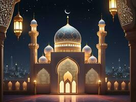 AI generated illustration of amazing architecture design of muslim mosque arabic lantern of ramadan celebration. ai generated photo