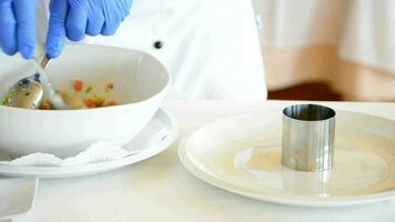 Hands placing professional chef cooking ingredients in a mold video