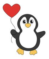 Cartoon Valentine day Penguin character. Cute Penguin with heart balloon. Vector flat illustration.