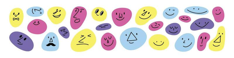 Happy face icon with smile, cheerful emojis and avatars stickers. Abstract cartoon character doodles in cute, retro style. Flat vector illustration isolated on white background.