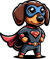 AI generated Dachshund Dog Superhero illustration. You will be able to create your own t-shirts, poster, cards, stickers, mugs, pillows, scrapbooks, postcards, vinyl decals, artwork, and more. png