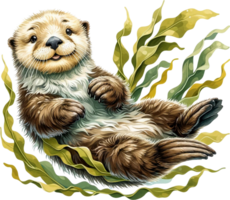 AI generated Sea otter Watercolor illustration Clipart PNG. You will be able to create your own poster, t-shirts, cards, stickers, mugs, pillows, scrapbooks, artwork, and more Commercial use, png