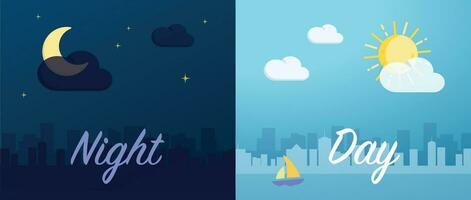 Day and night mode cityscape wide banner background vector