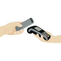 Hand with smartphone and hand with terminal, flat vector, isolate on white, cashless payment, finance vector