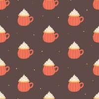 Hot creamy drink in pumpkin mug seamless pattern. Autumn aesthetic. Vector illustration in flat style