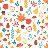 sin costura modelo con otoño hojas, plantas, hongos, frutas otoño estación, Hola otoño. vector ilustración en plano estilo