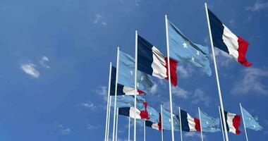 Federated States of Micronesia and France Flags Waving Together in the Sky, Seamless Loop in Wind, Space on Left Side for Design or Information, 3D Rendering video