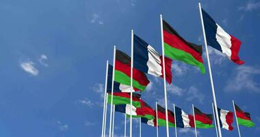 Malawi and France Flags Waving Together in the Sky, Seamless Loop in Wind, Space on Left Side for Design or Information, 3D Rendering video