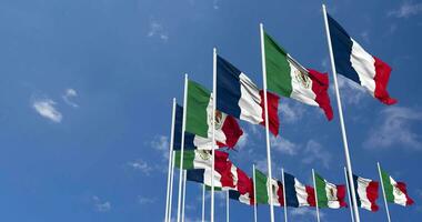 Mexico and France Flags Waving Together in the Sky, Seamless Loop in Wind, Space on Left Side for Design or Information, 3D Rendering video