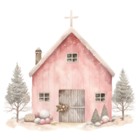 Cozy Christmas Pink Barns Clipart in Watercolor. Generative Ai png