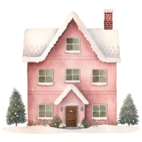 AI generated Cozy Christmas Pink House Clipart in Watercolor, Generative ai png