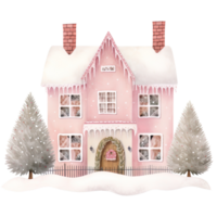 Cozy Christmas Pink House Clipart in Watercolor. Generative Ai png