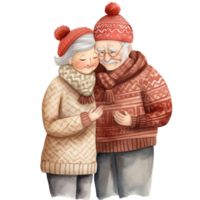 AI generated Cozy Christmas Senior Couple Hugging Watercolor Illustration in Earth Tone Colors, Generative Ai png