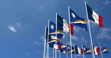 Marshall Islands and France Flags Waving Together in the Sky, Seamless Loop in Wind, Space on Left Side for Design or Information, 3D Rendering video