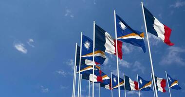 Marshall Islands and France Flags Waving Together in the Sky, Seamless Loop in Wind, Space on Left Side for Design or Information, 3D Rendering video