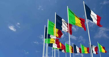 Mali and France Flags Waving Together in the Sky, Seamless Loop in Wind, Space on Left Side for Design or Information, 3D Rendering video