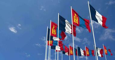 Mongolia and France Flags Waving Together in the Sky, Seamless Loop in Wind, Space on Left Side for Design or Information, 3D Rendering video