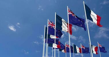 New Zealand and France Flags Waving Together in the Sky, Seamless Loop in Wind, Space on Left Side for Design or Information, 3D Rendering video