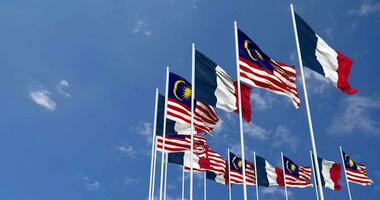 Malaysia and France Flags Waving Together in the Sky, Seamless Loop in Wind, Space on Left Side for Design or Information, 3D Rendering video