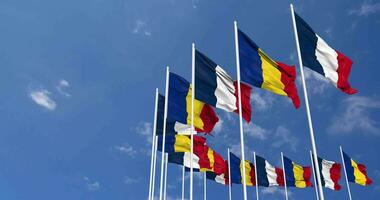 Romania and France Flags Waving Together in the Sky, Seamless Loop in Wind, Space on Left Side for Design or Information, 3D Rendering video