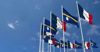 Nauru and France Flags Waving Together in the Sky, Seamless Loop in Wind, Space on Left Side for Design or Information, 3D Rendering video