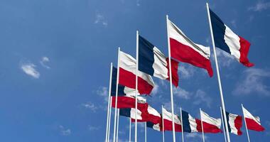 Polonia e Francia bandiere agitando insieme nel il cielo, senza soluzione di continuità ciclo continuo nel vento, spazio su sinistra lato per design o informazione, 3d interpretazione video