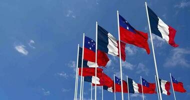 Samoa and France Flags Waving Together in the Sky, Seamless Loop in Wind, Space on Left Side for Design or Information, 3D Rendering video