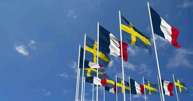 Sweden and France Flags Waving Together in the Sky, Seamless Loop in Wind, Space on Left Side for Design or Information, 3D Rendering video