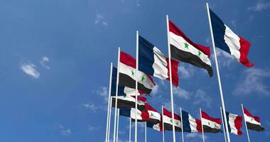 Syria and France Flags Waving Together in the Sky, Seamless Loop in Wind, Space on Left Side for Design or Information, 3D Rendering video