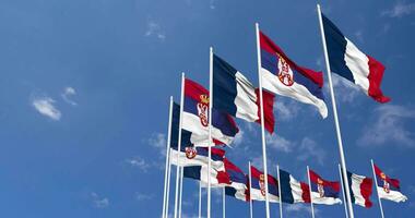 serbia y Francia banderas ondulación juntos en el cielo, sin costura lazo en viento, espacio en izquierda lado para diseño o información, 3d representación video