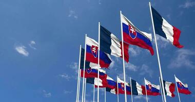 Slovakia and France Flags Waving Together in the Sky, Seamless Loop in Wind, Space on Left Side for Design or Information, 3D Rendering video