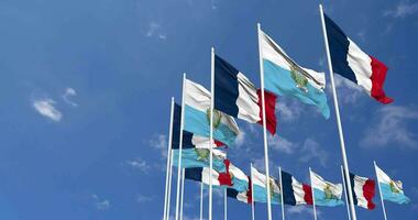 San Marino and France Flags Waving Together in the Sky, Seamless Loop in Wind, Space on Left Side for Design or Information, 3D Rendering video