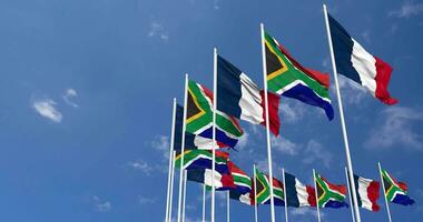 South Africa and France Flags Waving Together in the Sky, Seamless Loop in Wind, Space on Left Side for Design or Information, 3D Rendering video