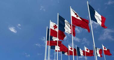 Tonga and France Flags Waving Together in the Sky, Seamless Loop in Wind, Space on Left Side for Design or Information, 3D Rendering video