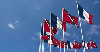 Trinidad and Tobago and France Flags Waving Together in the Sky, Seamless Loop in Wind, Space on Left Side for Design or Information, 3D Rendering video